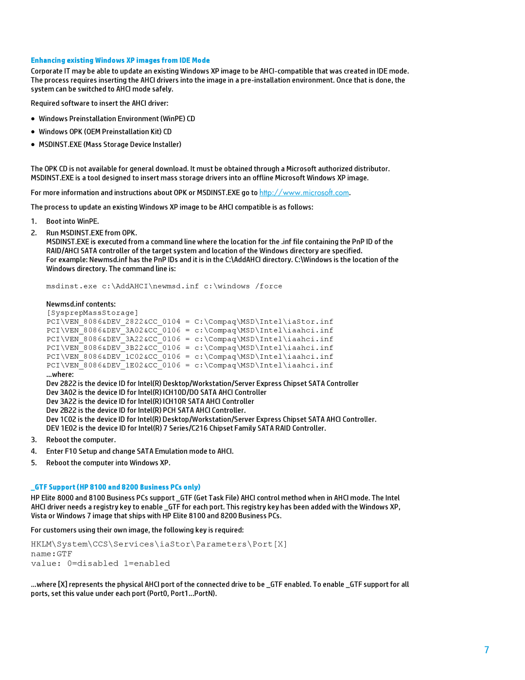 HP 8200 tower manual Enhancing existing Windows XP images from IDE Mode, GTF Support HP 8100 and 8200 Business PCs only 