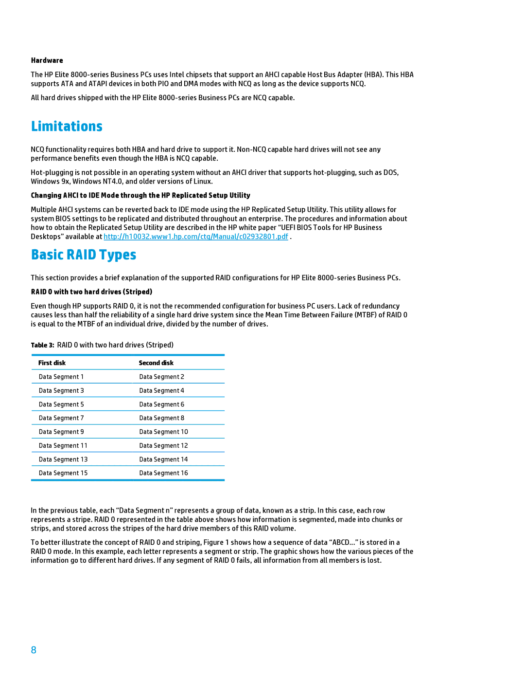 HP 8200 tower manual Limitations, Basic RAID Types, Hardware, RAID 0 with two hard drives Striped 