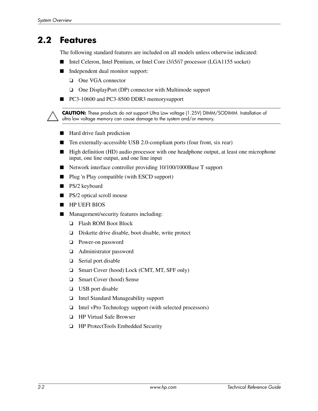 HP 8200 tower manual Features, HP Uefi Bios 