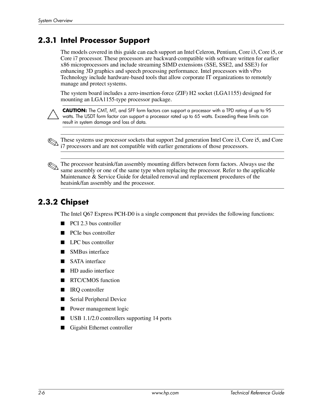 HP 8200 tower manual Intel Processor Support, Chipset 