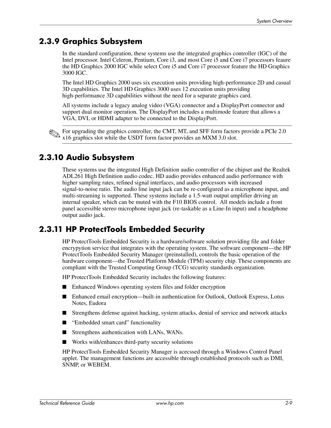 HP 8200 tower manual Graphics Subsystem, Audio Subsystem, HP ProtectTools Embedded Security 