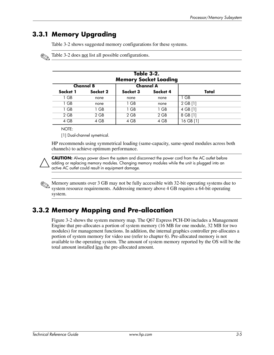 HP 8200 tower Memory Upgrading, Memory Mapping and Pre-allocation, Memory Socket Loading, Channel B Channel a Socket Total 