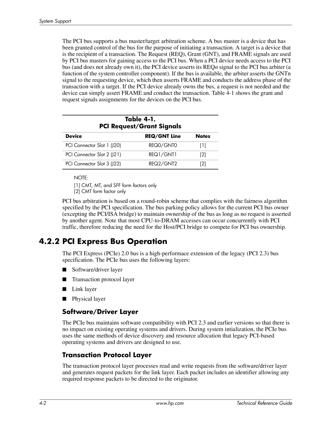 HP 8200 tower PCI Express Bus Operation, Software/Driver Layer, Transaction Protocol Layer, PCI Request/Grant Signals 