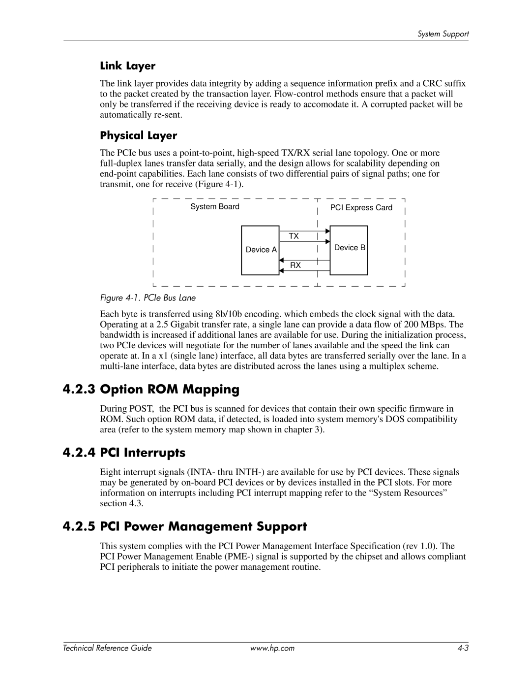 HP 8200 tower manual Option ROM Mapping, PCI Interrupts, PCI Power Management Support, Link Layer, Physical Layer 