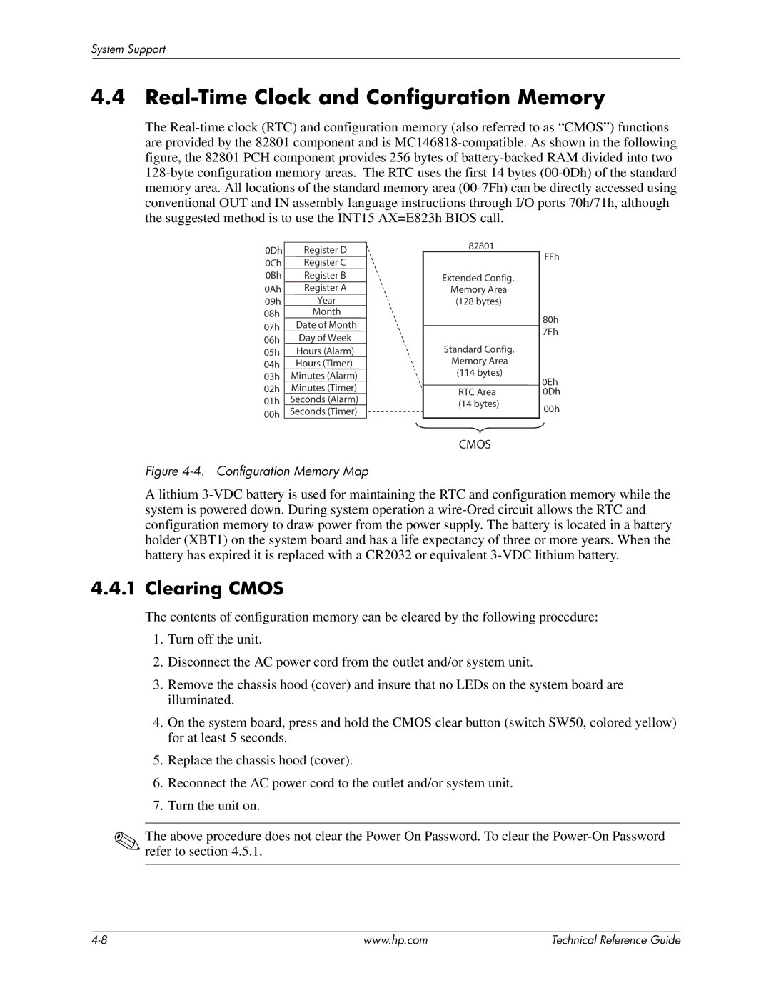 HP 8200 tower manual Real-Time Clock and Configuration Memory, Clearing Cmos 