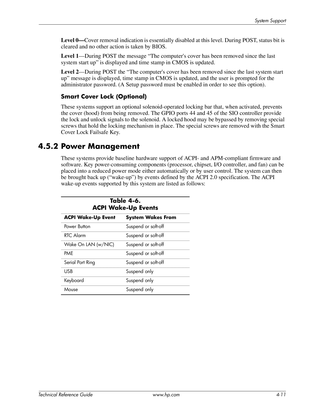 HP 8200 tower manual Power Management, Smart Cover Lock Optional, Acpi Wake-Up Events, Acpi Wake-Up Event System Wakes From 