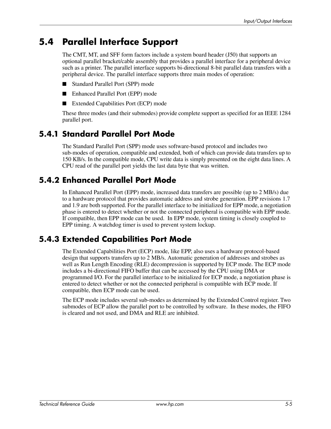 HP 8200 tower manual Parallel Interface Support, Standard Parallel Port Mode, Enhanced Parallel Port Mode 