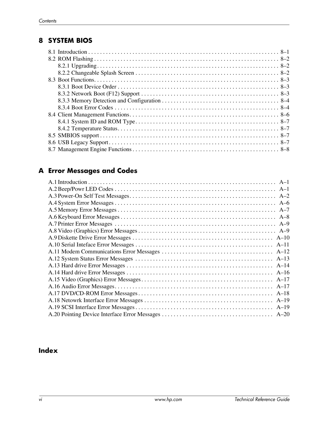 HP 8200 tower manual Error Messages and Codes, Index 