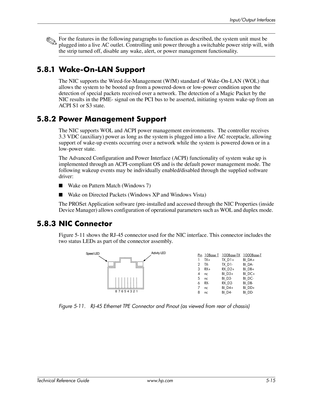 HP 8200 tower manual Wake-On-LAN Support, Power Management Support, NIC Connector 