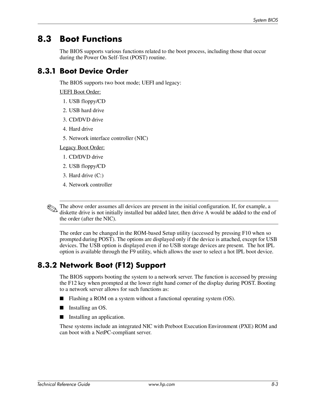 HP 8200 tower manual Boot Functions, Boot Device Order, Network Boot F12 Support 