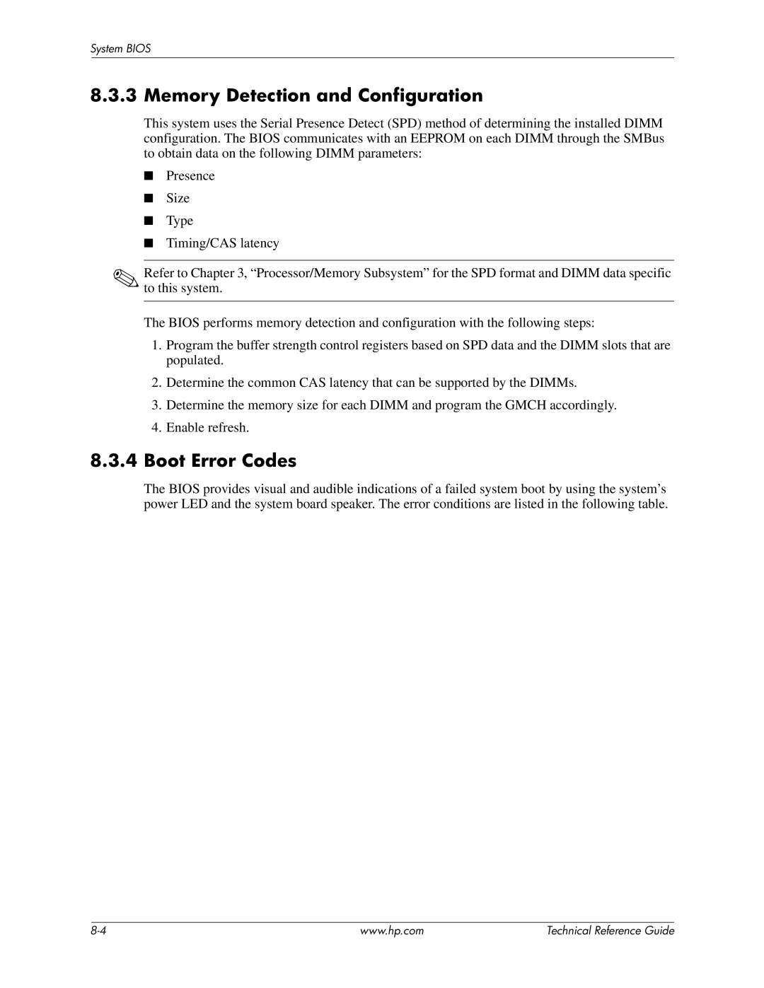 HP 8200 tower manual Memory Detection and Configuration, Boot Error Codes 