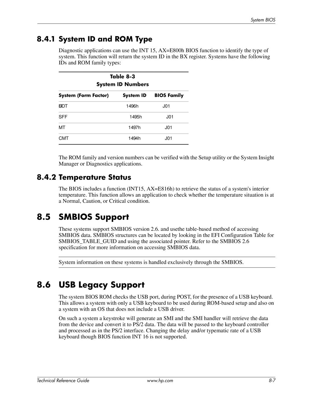 HP 8200 tower manual Smbios Support, USB Legacy Support, System ID and ROM Type, Temperature Status, System ID Numbers 