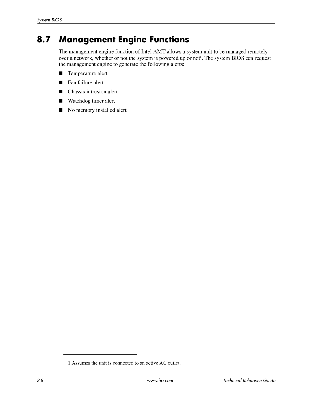 HP 8200 tower manual Management Engine Functions 