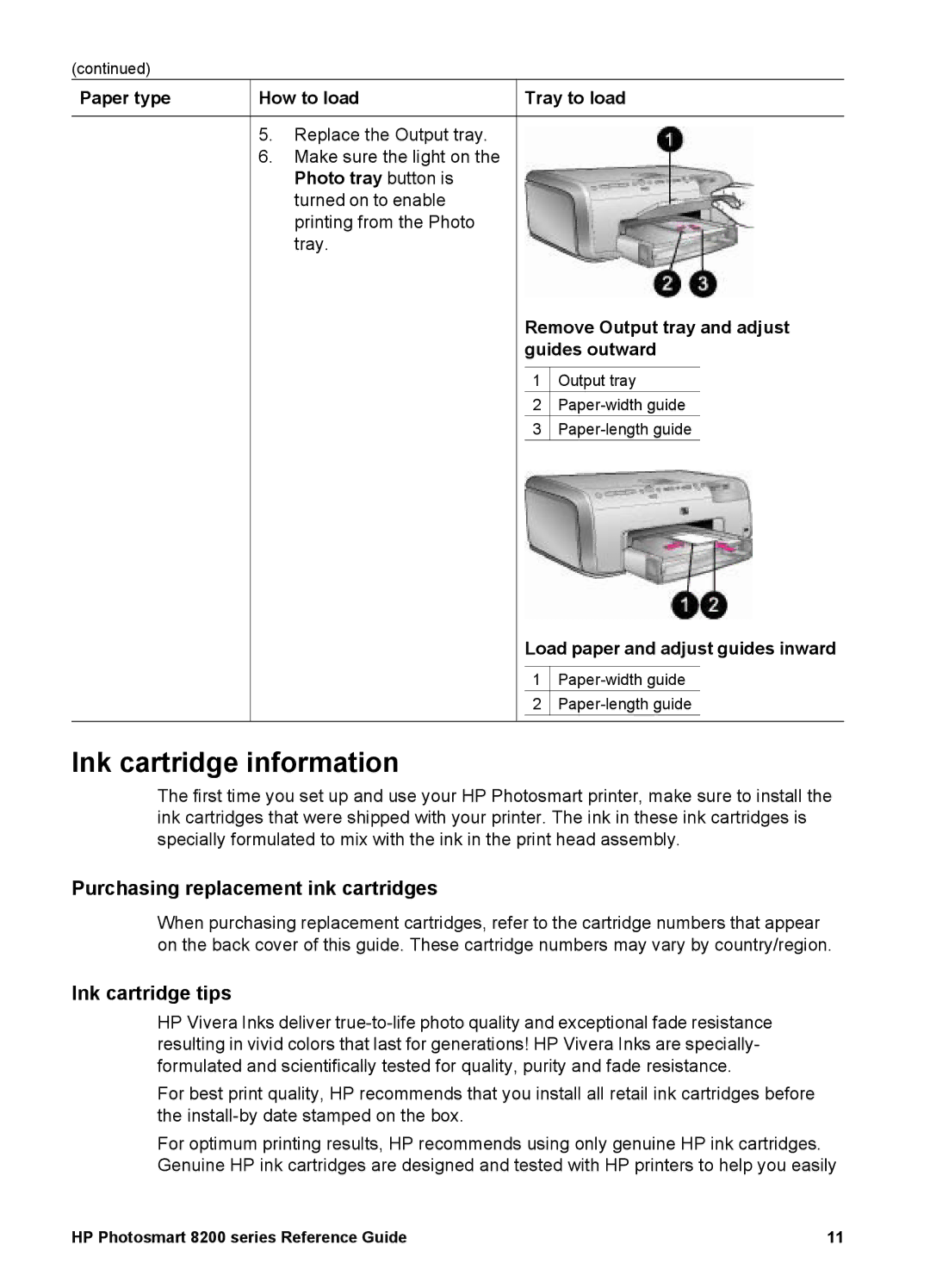 HP 8200 manual Ink cartridge information, Paper type How to load Tray to load, Remove Output tray and adjust guides outward 