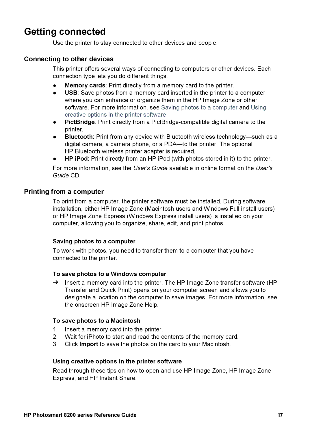 HP 8200 manual Getting connected, Saving photos to a computer, To save photos to a Windows computer 