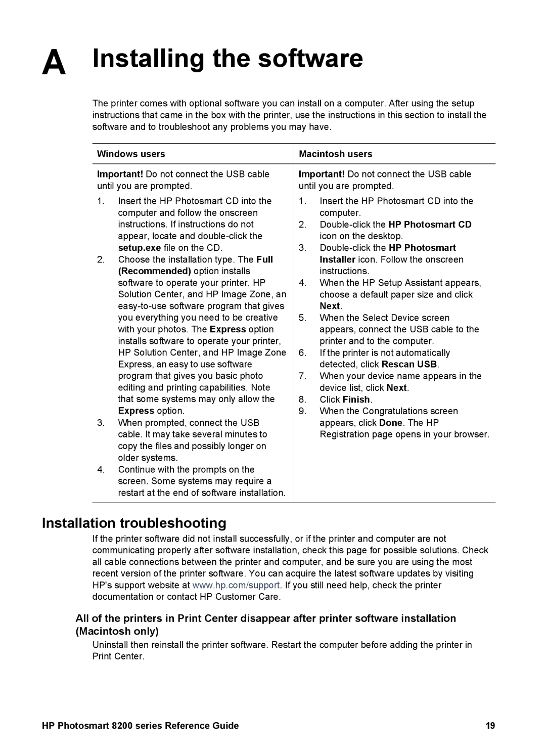 HP 8200 manual Installing the software, Windows users 