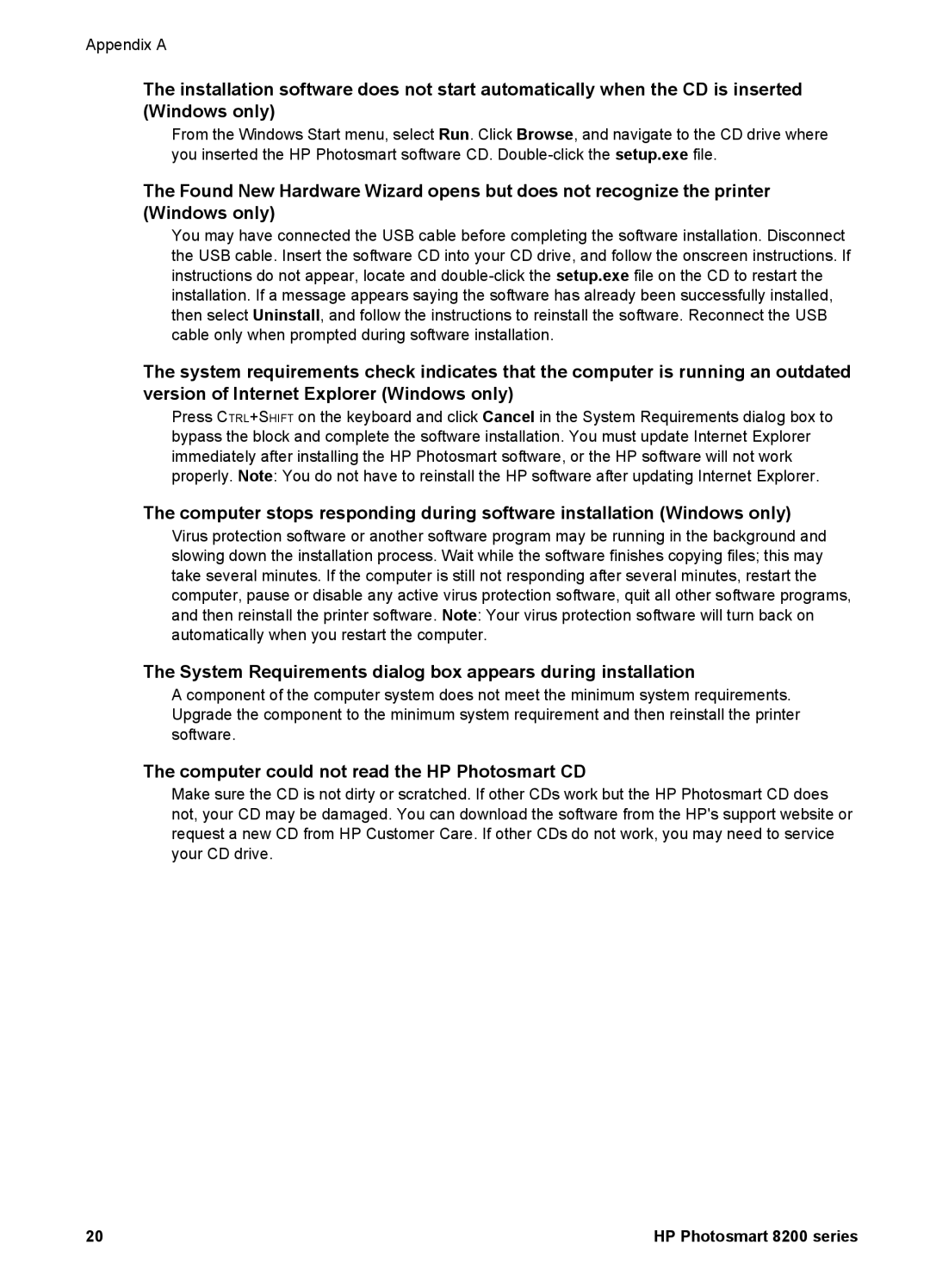HP 8200 manual System Requirements dialog box appears during installation, Computer could not read the HP Photosmart CD 