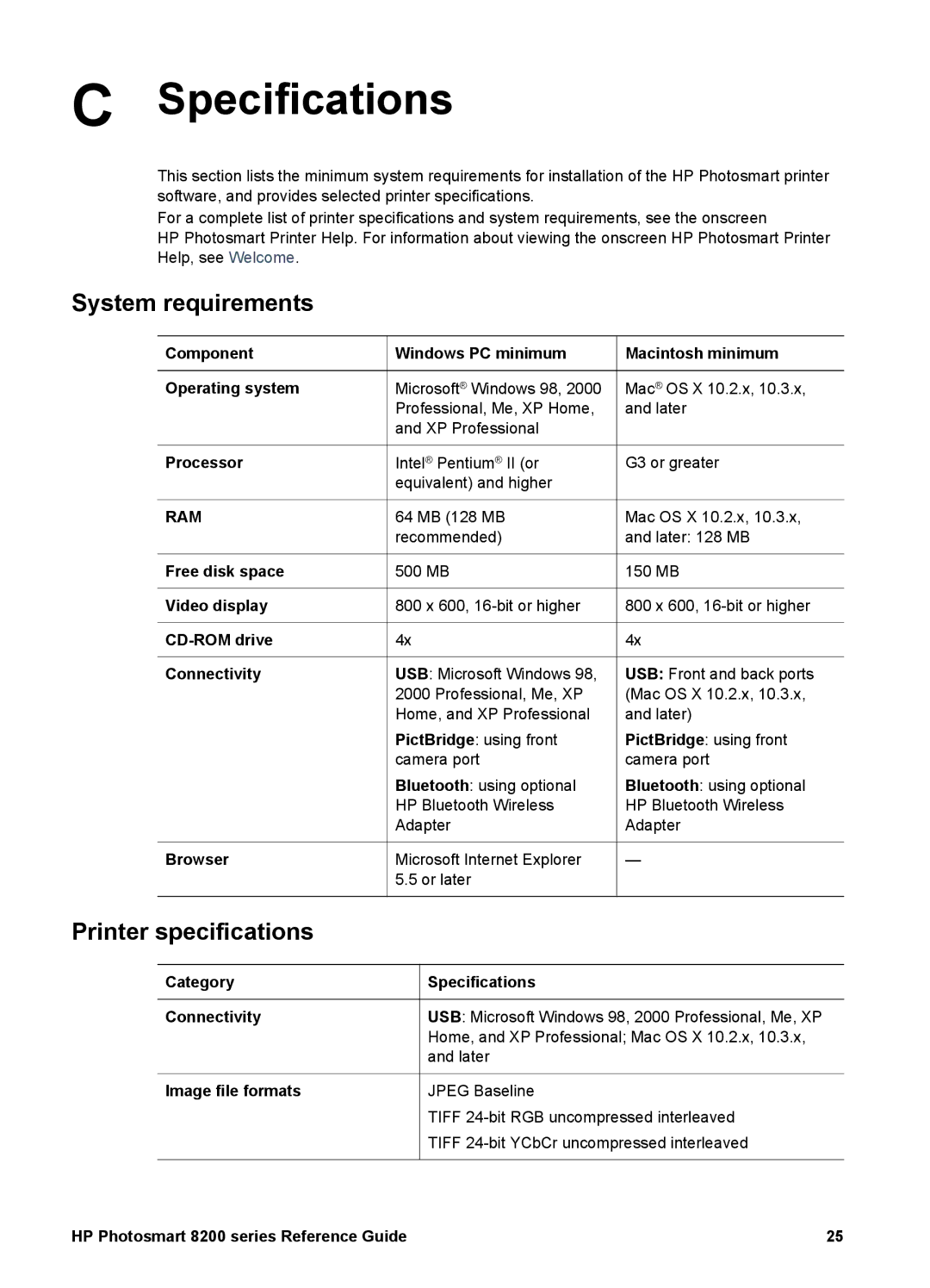 HP 8200 manual Specifications, System requirements 