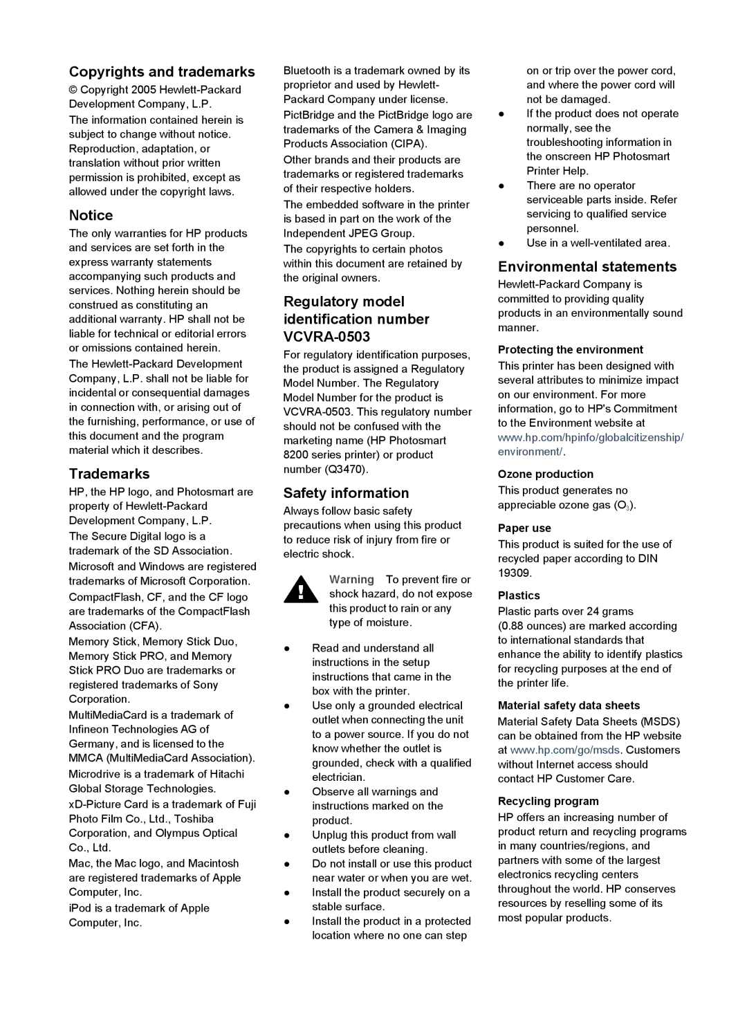 HP 8200 manual Copyrights and trademarks, Trademarks, Regulatory model identification number VCVRA-0503, Safety information 