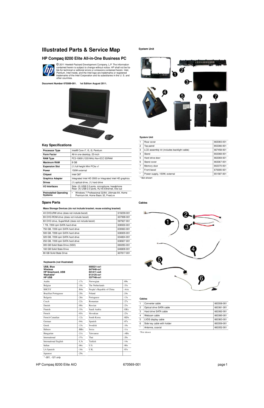 HP 8200 manual Key Specifications, Spare Parts, System Unit, Cables 