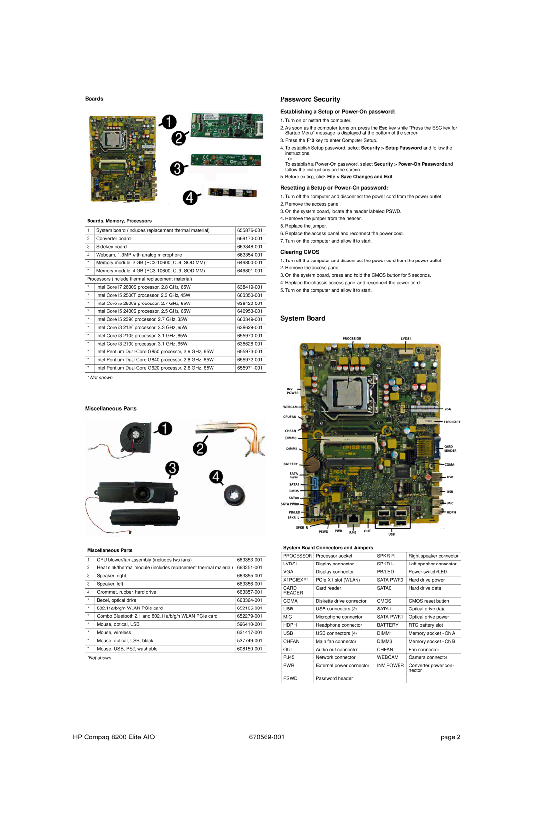 HP 8200 manual Password Security, System Board 