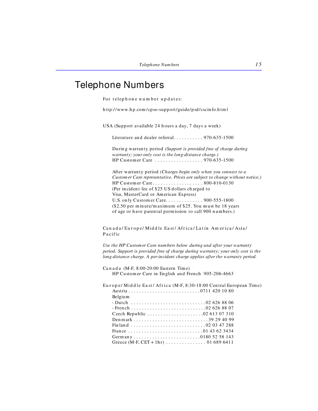 HP 8200E Telephone Numbers, For telephone number updates, Canada/Europe/Middle East/Africa/Latin America/Asia Pacific 