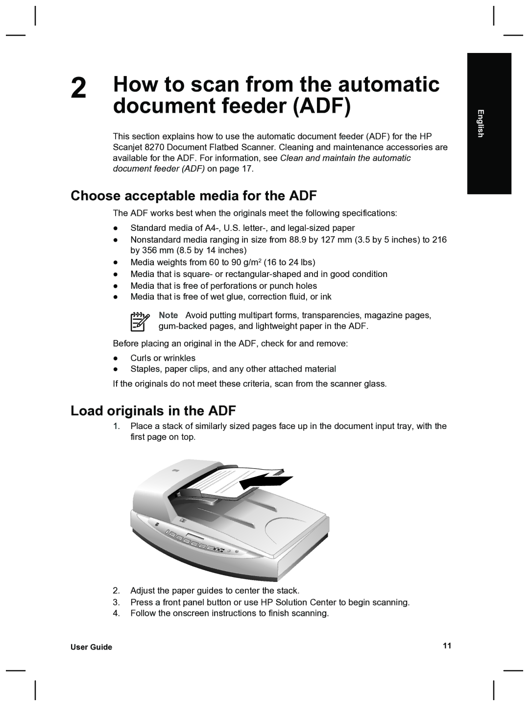 HP 8270 manual How to scan from the automatic, Document feeder ADF, Choose acceptable media for the ADF 