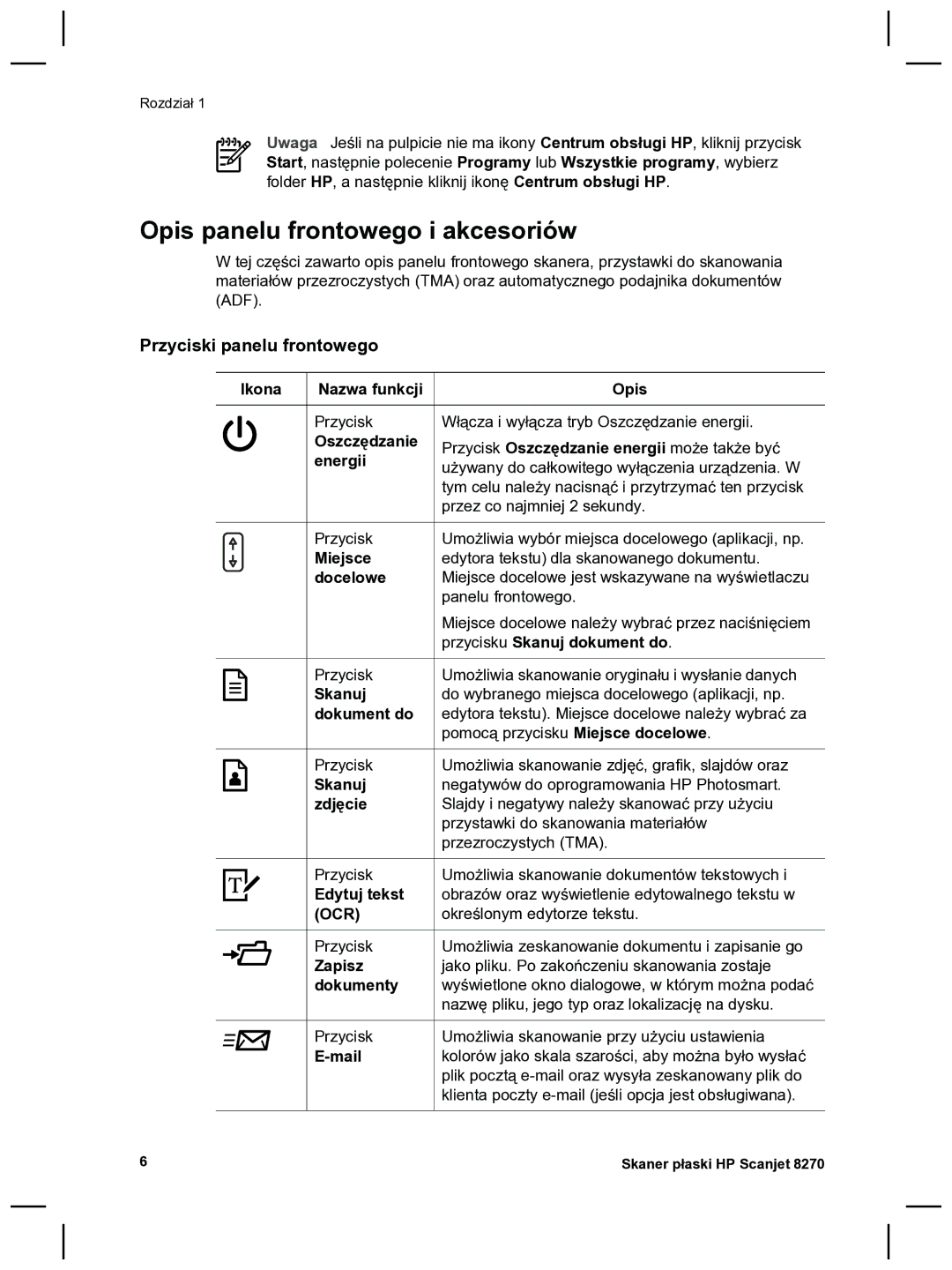 HP 8270 manual Opis panelu frontowego i akcesoriów, Przyciski panelu frontowego 