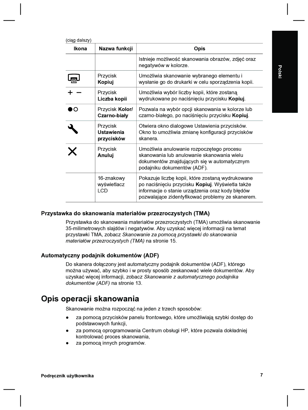 HP 8270 manual Opis operacji skanowania, Przystawka do skanowania materiałów przezroczystych TMA 