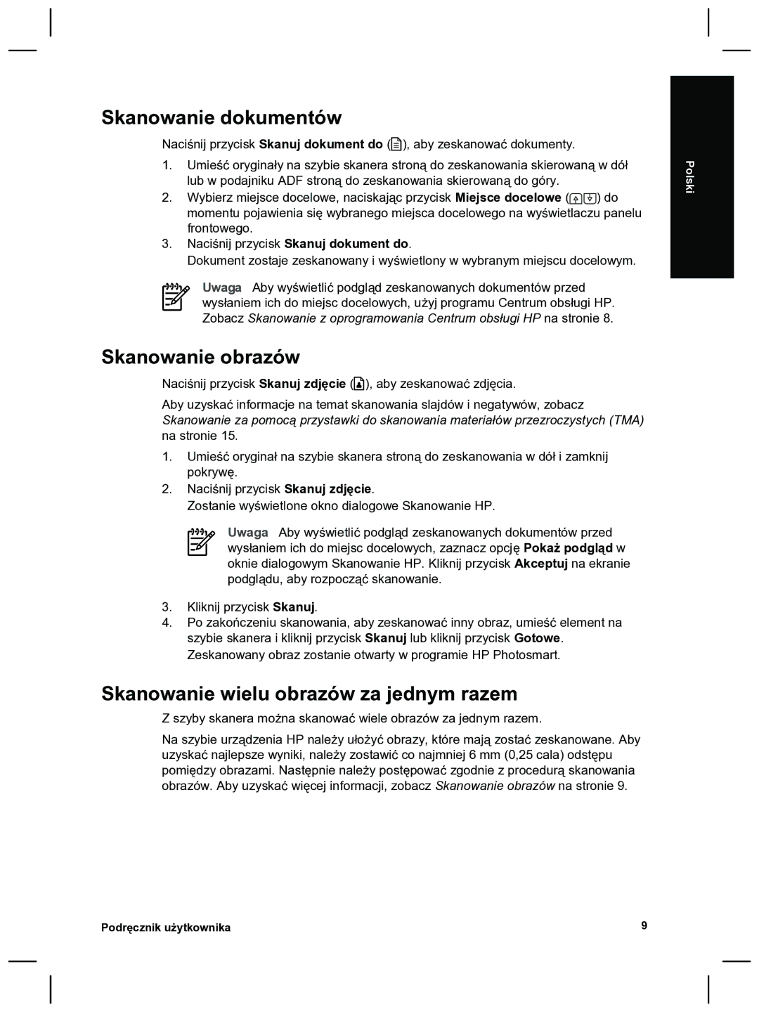 HP 8270 manual Skanowanie dokumentów, Skanowanie obrazów, Skanowanie wielu obrazów za jednym razem 