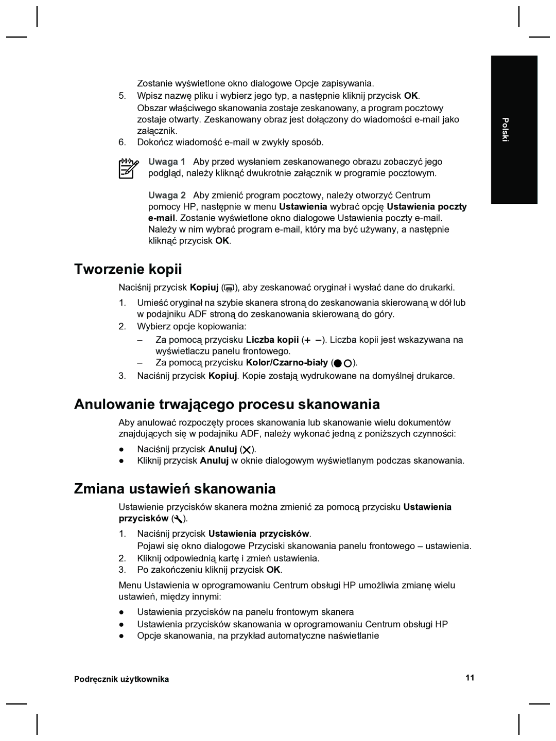 HP 8270 manual Tworzenie kopii, Anulowanie trwającego procesu skanowania, Zmiana ustawień skanowania 