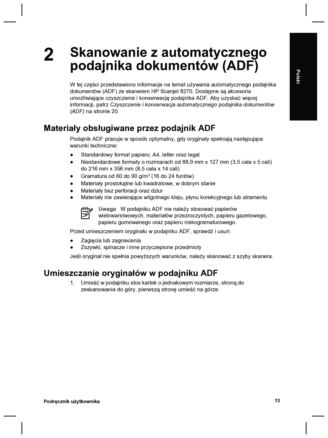 HP 8270 manual Skanowanie z automatycznego, Podajnika dokumentów ADF, Materiały obsługiwane przez podajnik ADF 