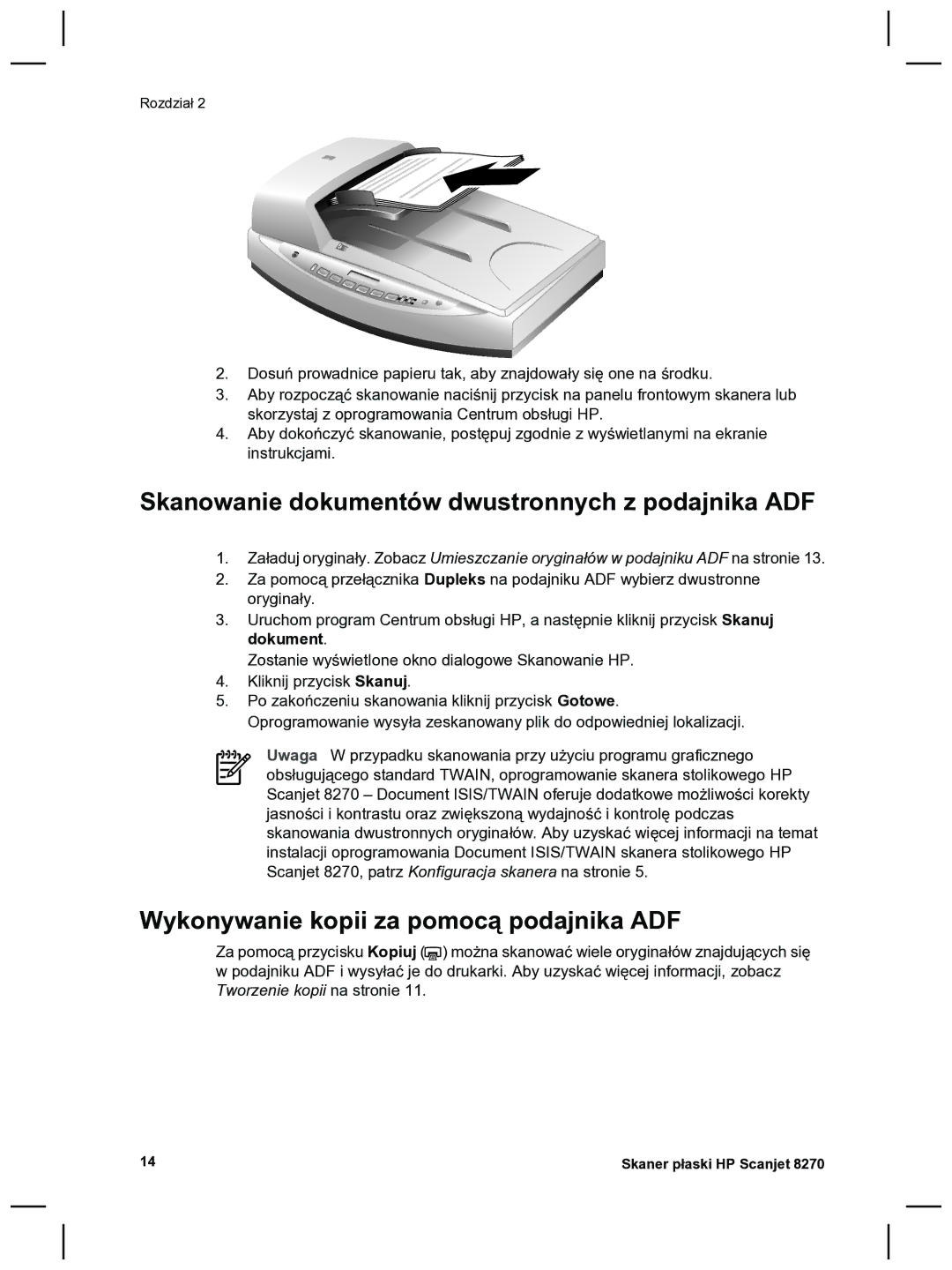 HP 8270 manual Skanowanie dokumentów dwustronnych z podajnika ADF, Wykonywanie kopii za pomocą podajnika ADF 