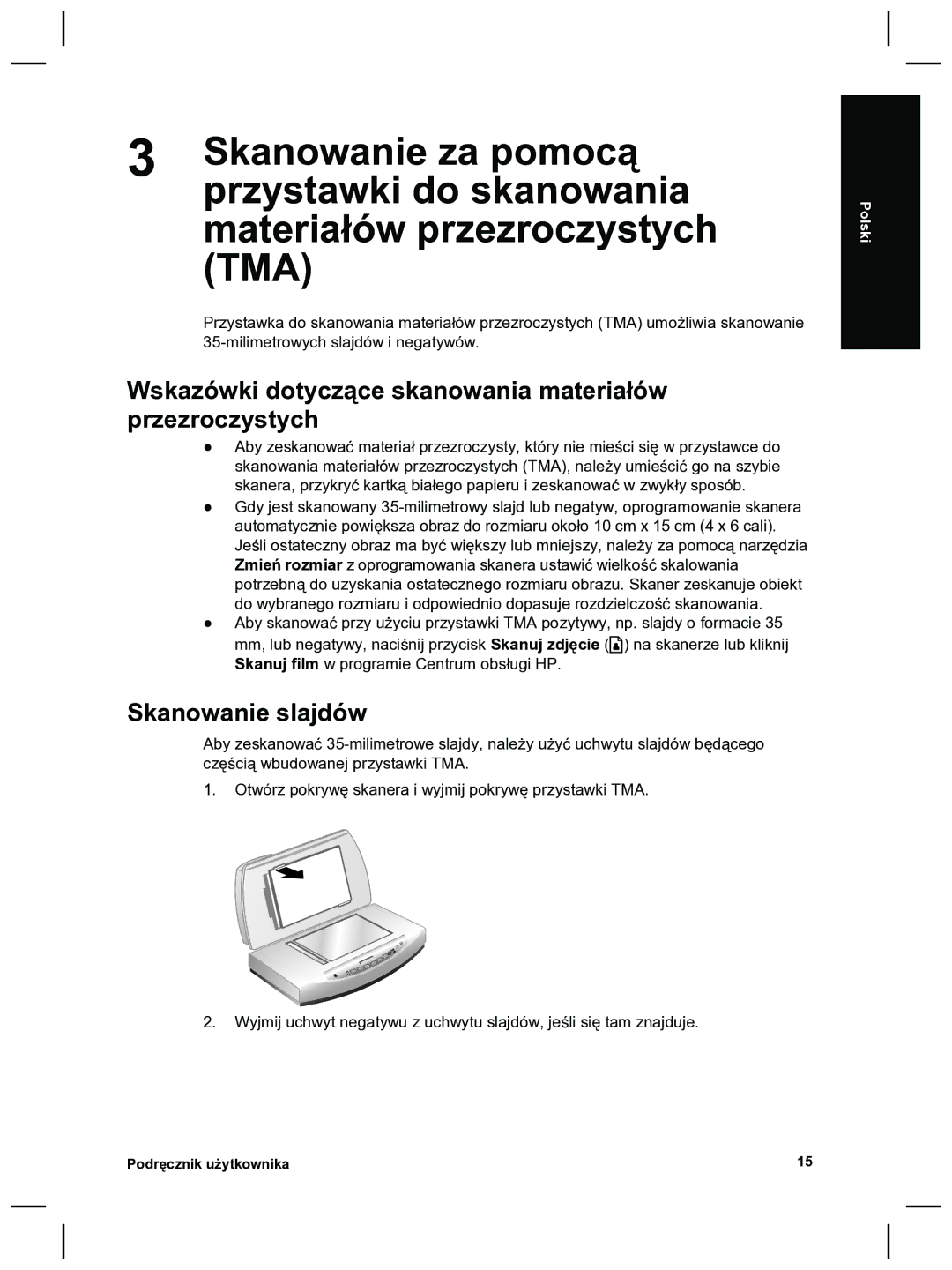 HP 8270 manual Skanowanie za pomocą, Przystawki do skanowania, Materiałów przezroczystych TMA, Skanowanie slajdów 