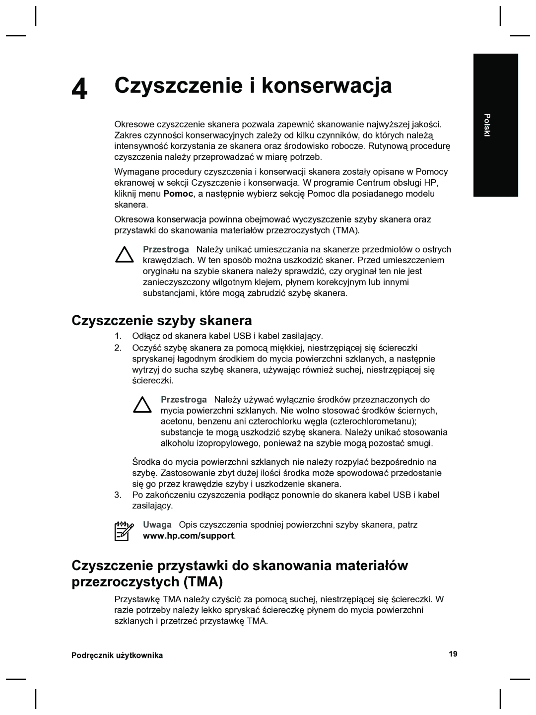 HP 8270 manual Czyszczenie i konserwacja, Czyszczenie szyby skanera 