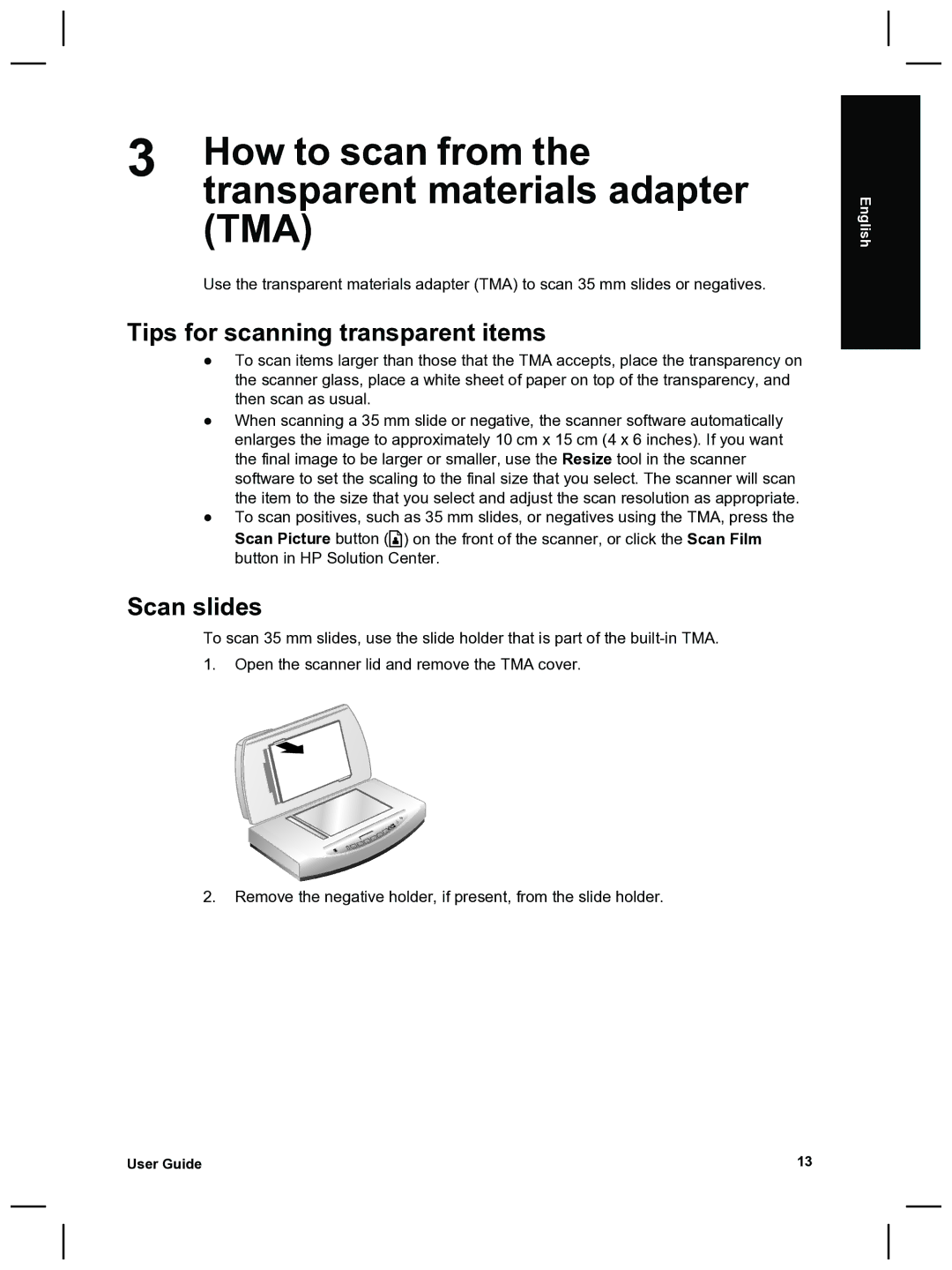 HP 8270 manual How to scan from, Transparent materials adapter, Tips for scanning transparent items, Scan slides 