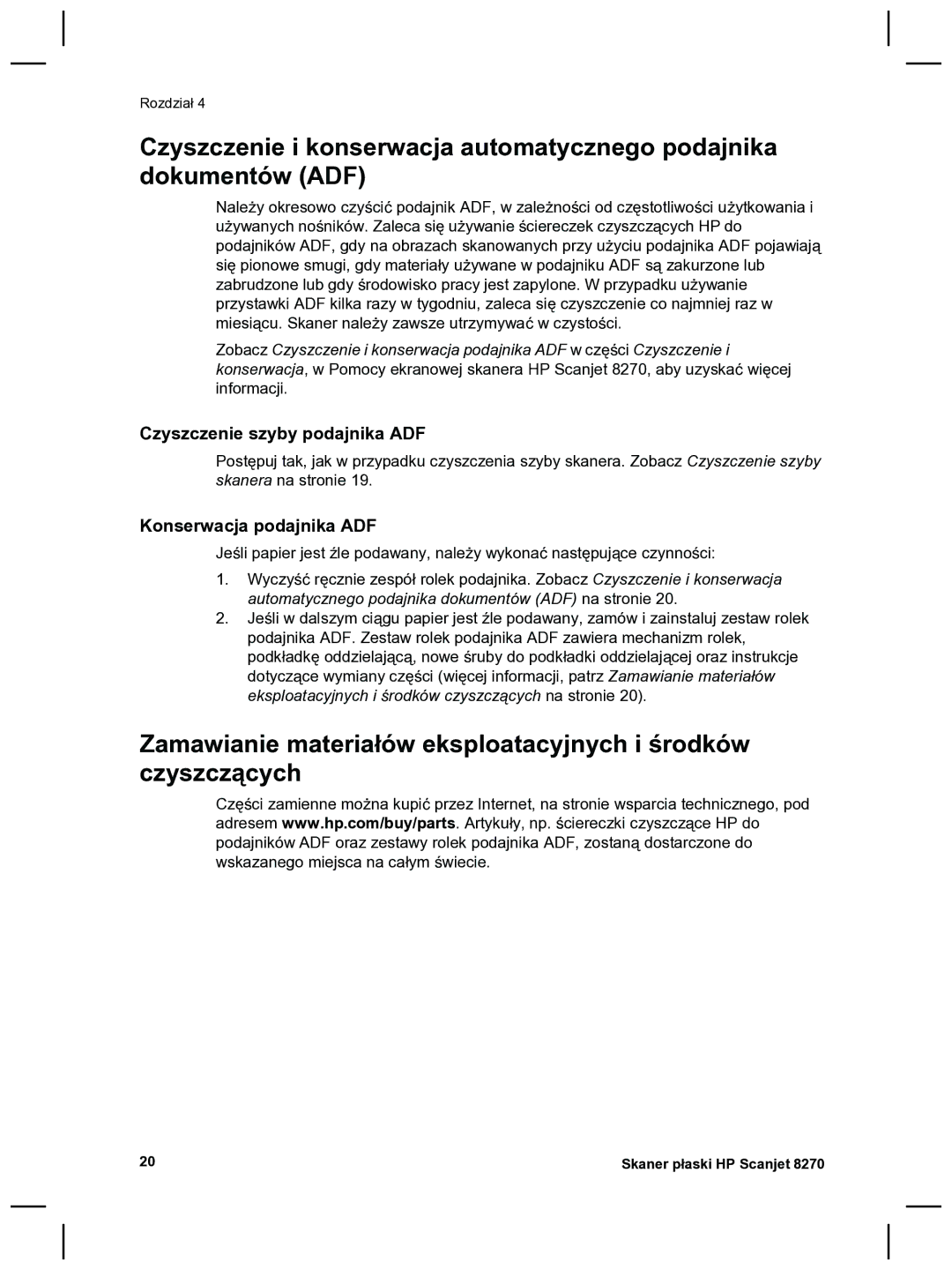 HP 8270 manual Czyszczenie szyby podajnika ADF, Konserwacja podajnika ADF 