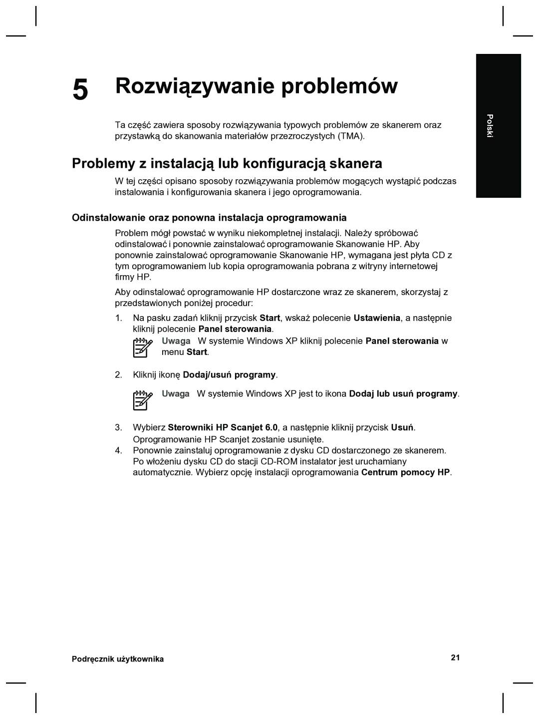 HP 8270 manual Rozwiązywanie problemów, Problemy z instalacją lub konfiguracją skanera, Kliknij ikonę Dodaj/usuń programy 