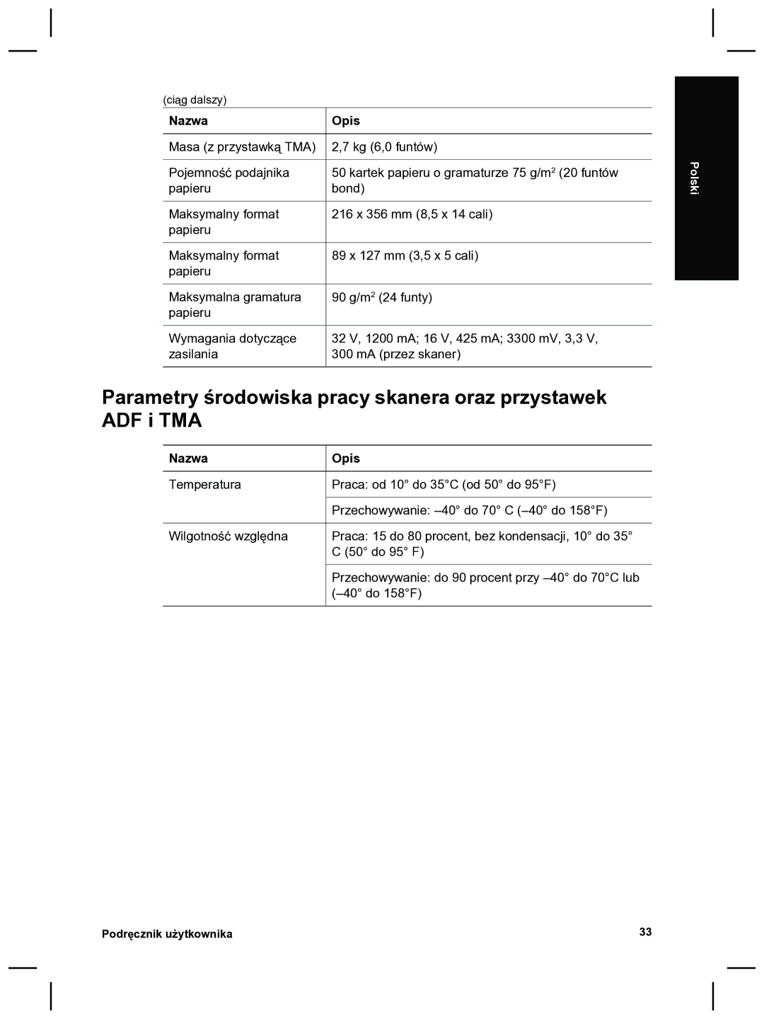 HP 8270 manual Parametry środowiska pracy skanera oraz przystawek ADF i TMA 