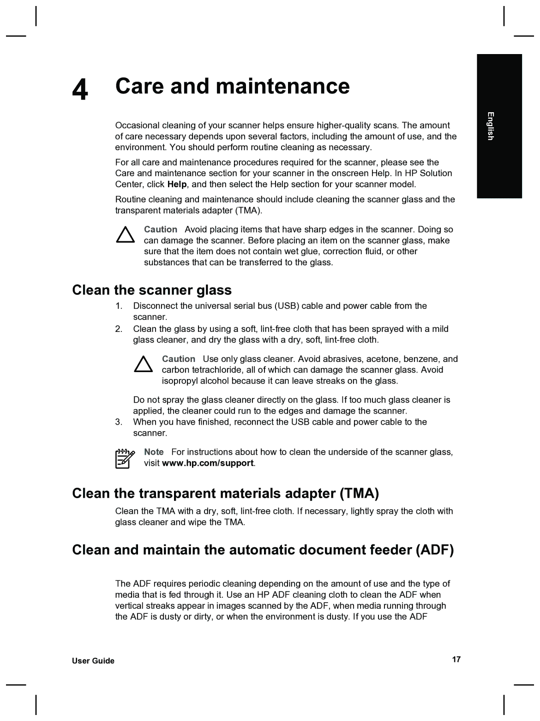 HP 8270 manual Care and maintenance, Clean the scanner glass, Clean the transparent materials adapter TMA 