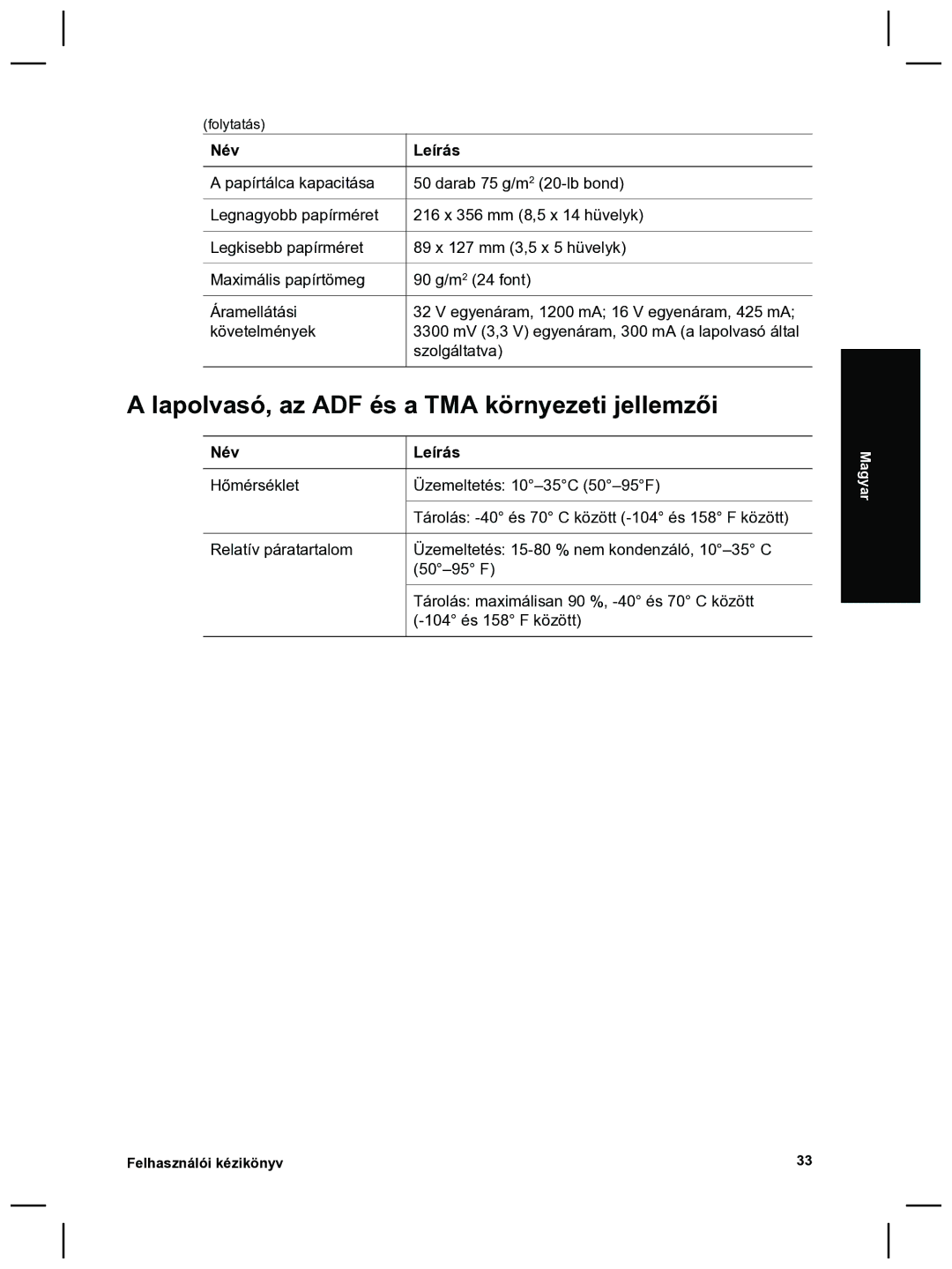 HP 8270 manual Lapolvasó, az ADF és a TMA környezeti jellemzői 