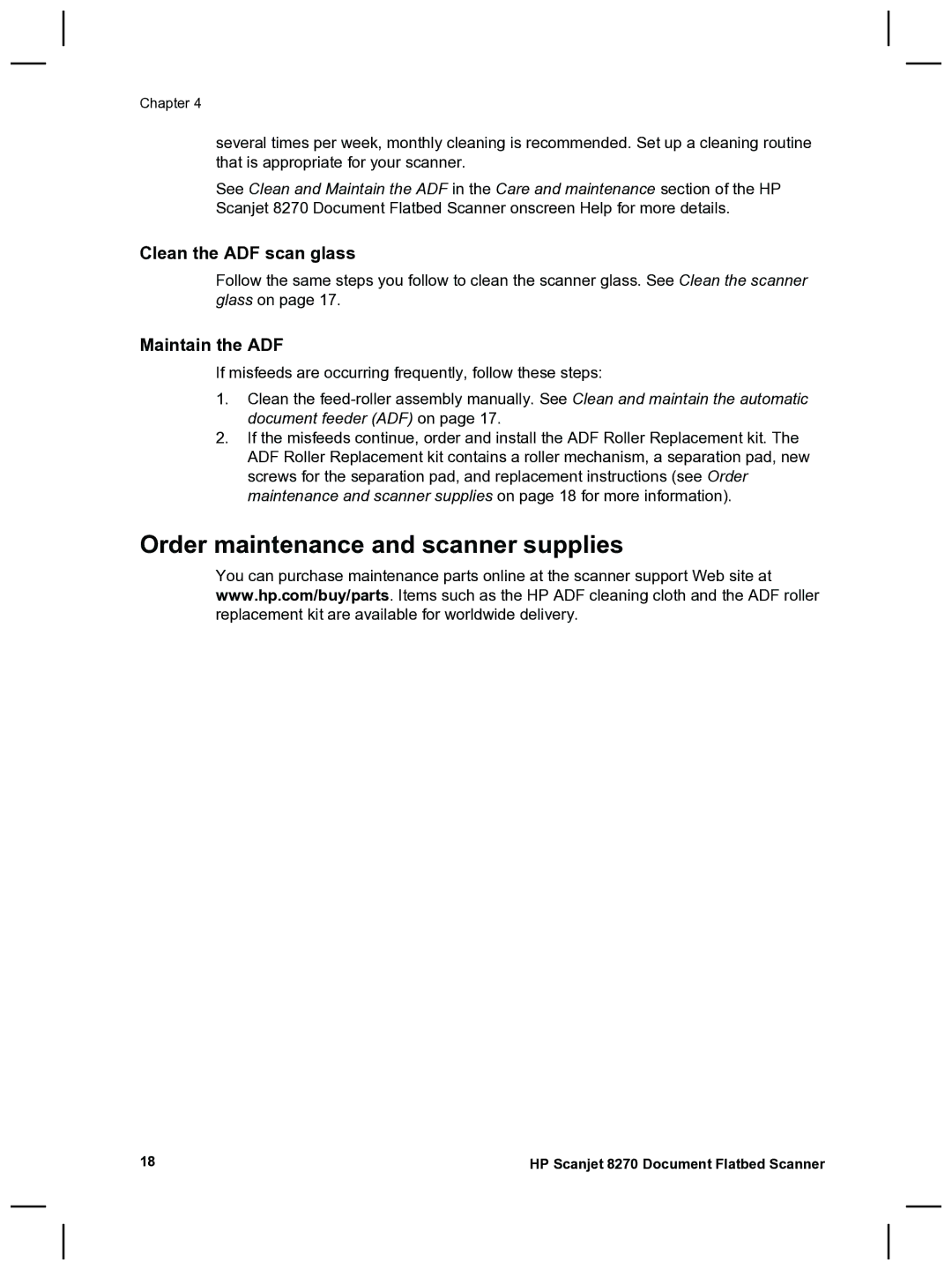 HP 8270 manual Order maintenance and scanner supplies, Clean the ADF scan glass, Maintain the ADF 