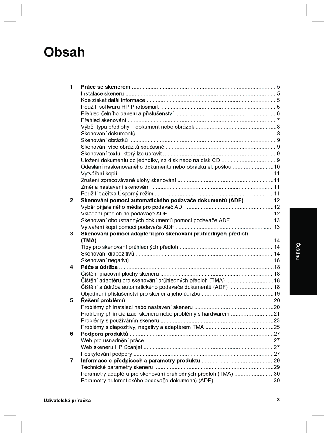 HP 8270 manual Obsah, Skenování pomocí automatického podavače dokumentů ADF, Informace o předpisech a parametry produktu 