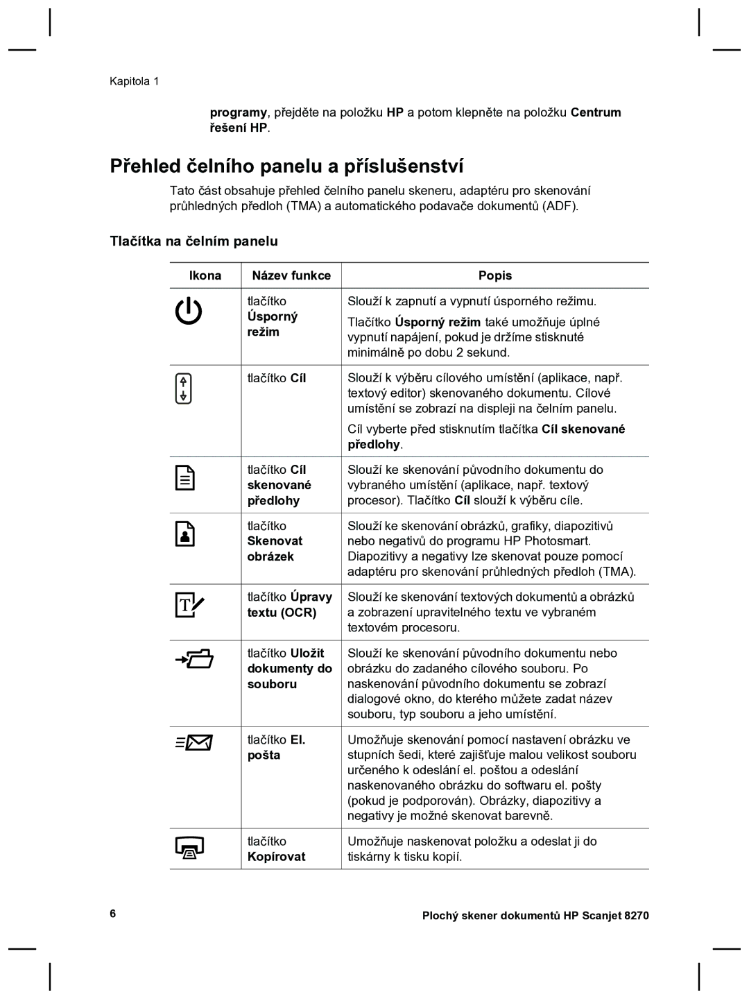 HP 8270 manual Přehled čelního panelu a příslušenství, Tlačítka na čelním panelu 