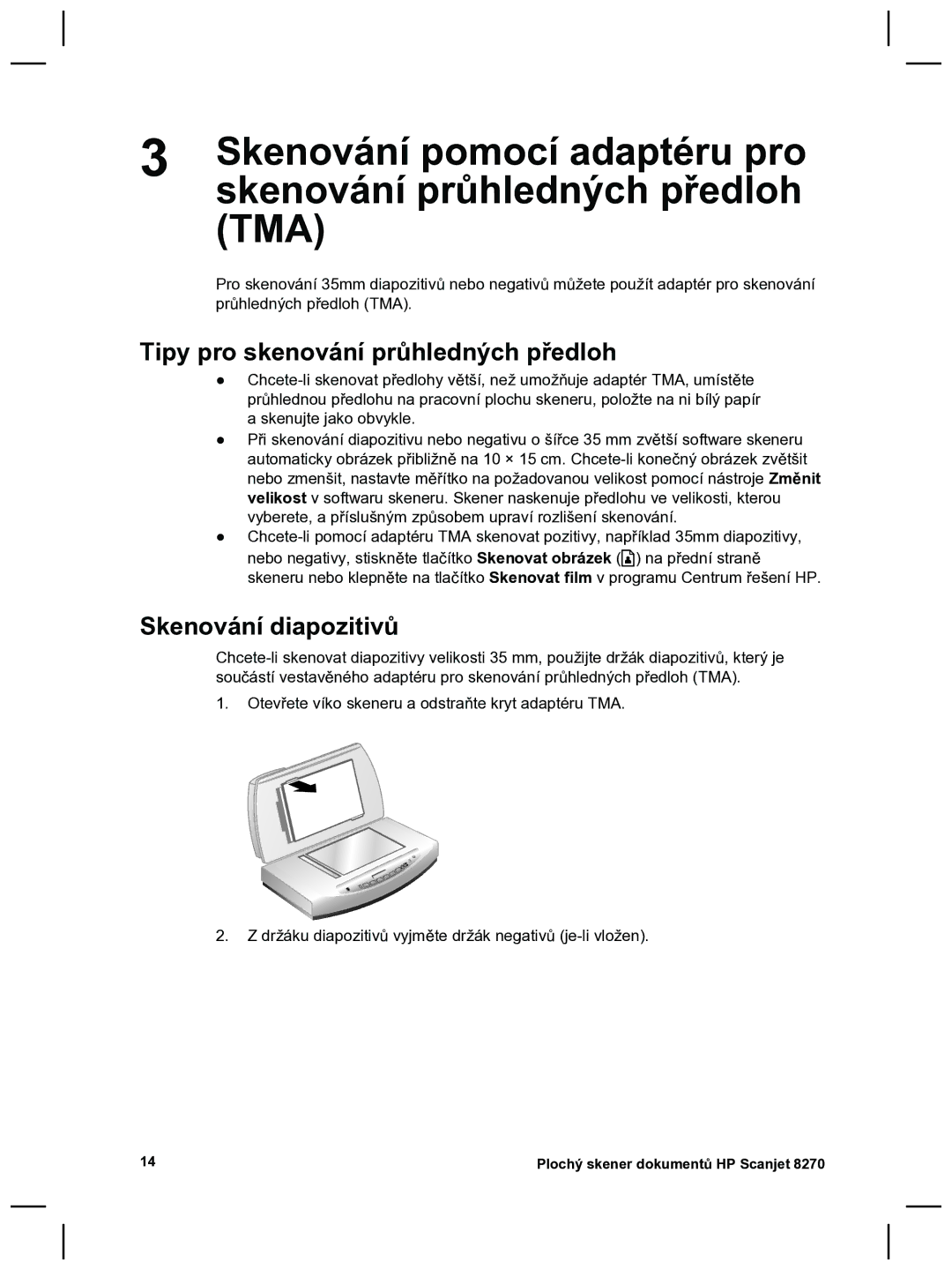 HP 8270 manual Skenování pomocí adaptéru pro, Skenování průhledných předloh, Tipy pro skenování průhledných předloh 