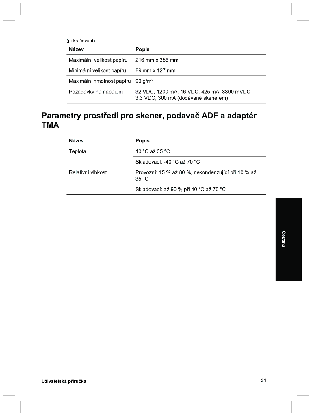 HP 8270 manual Parametry prostředí pro skener, podavač ADF a adaptér 