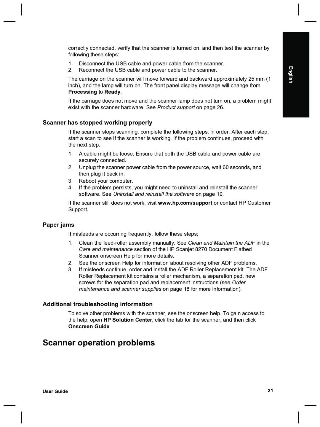 HP 8270 manual Scanner operation problems, Scanner has stopped working properly, Paper jams 