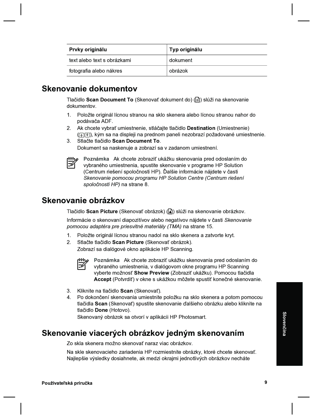 HP 8270 manual Skenovanie dokumentov, Skenovanie obrázkov, Skenovanie viacerých obrázkov jedným skenovaním 