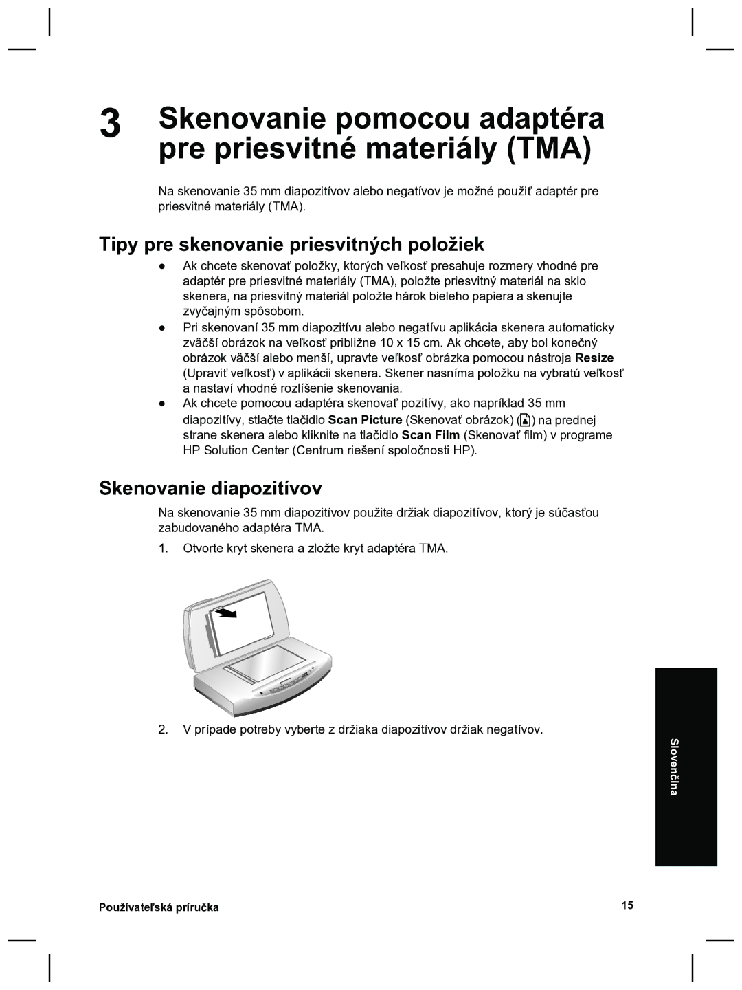 HP 8270 manual Skenovanie pomocou adaptéra, Pre priesvitné materiály TMA, Tipy pre skenovanie priesvitných položiek 