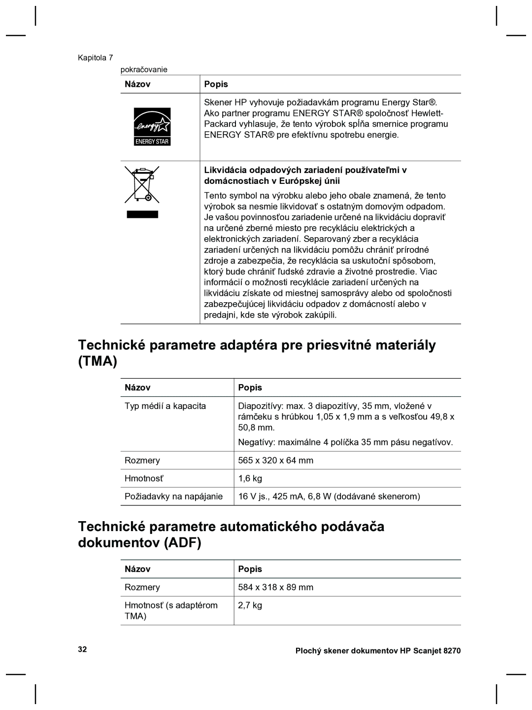 HP 8270 manual Technické parametre adaptéra pre priesvitné materiály TMA 